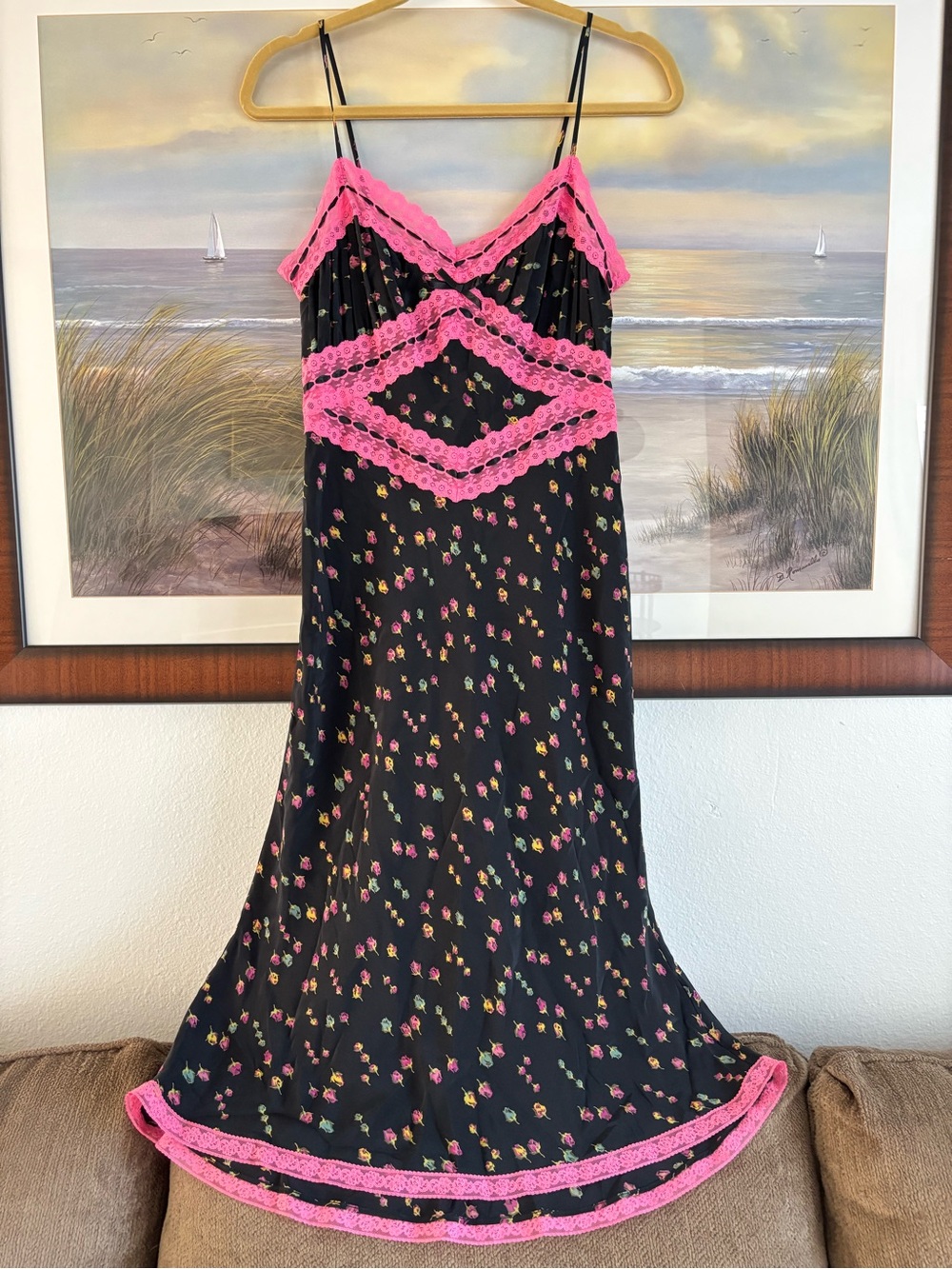 Vintage Betsey Johnson Y2K Silk Floral Maxi Gown Pink Lace Trim Size: 8